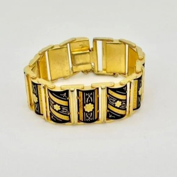 Vintage Damascene Links Bracelet Gold-Tone Metal with Etched Black Floral Motif~ - Picture 2 of 8